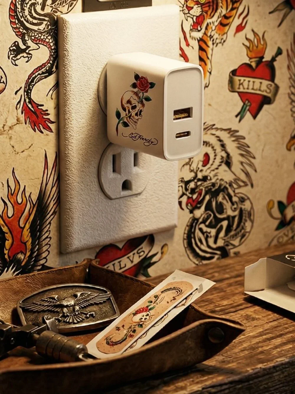 Ed Hardy Christian Audigier Rapid Charge Wall Charger USB-A & USB-C Ports (Whte)